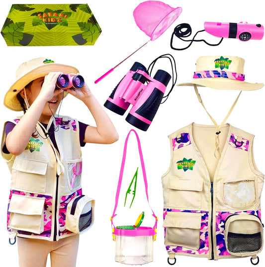 Bug Hunting Kit, Pink Safari Vest, Hat, Binoculars, Lg. Butterfly Net, Bug Container, Whistle, Flashlight, Magnifier, Thermostat, Compass, Age 3+