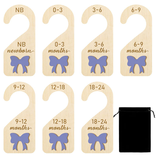 R HORSE Wooden Baby Closet Dividers - 8Pcs Double-Sided 3D Purple Bow Baby Closet Organizer Newborn Clothes Size Hanger Dividers Nursery Decor Baby Shower Birthday Gift for Boy Girl (0-24 Months)