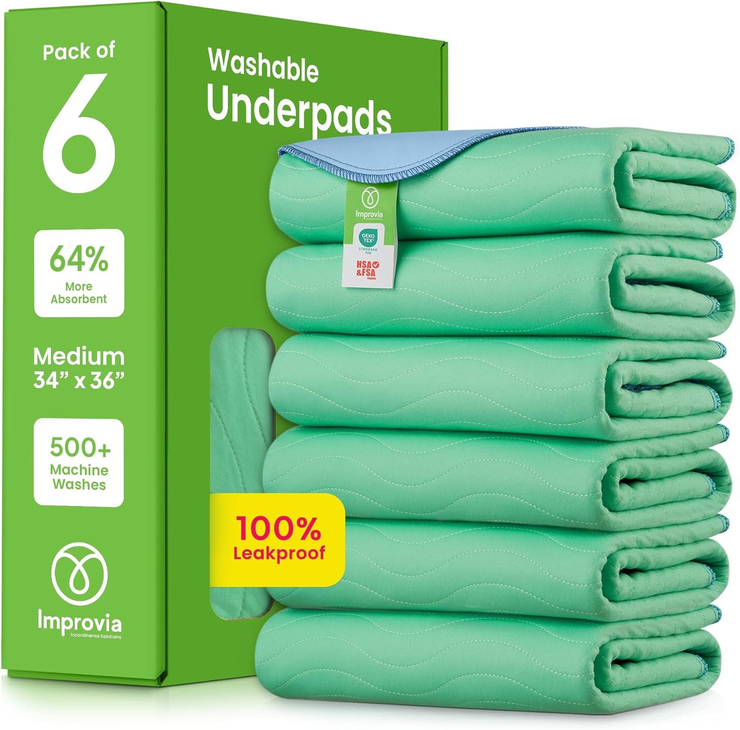 IMPROVIA® Washable Underpads, 34" x 36" (Pack of 6) - Heavy Absorbency Reusable Incontinence Pads for Kids, Adults, Elderly, and Pets - Waterproof Protective Pad for Bed, Couch, Sofa, Furniture, Floor