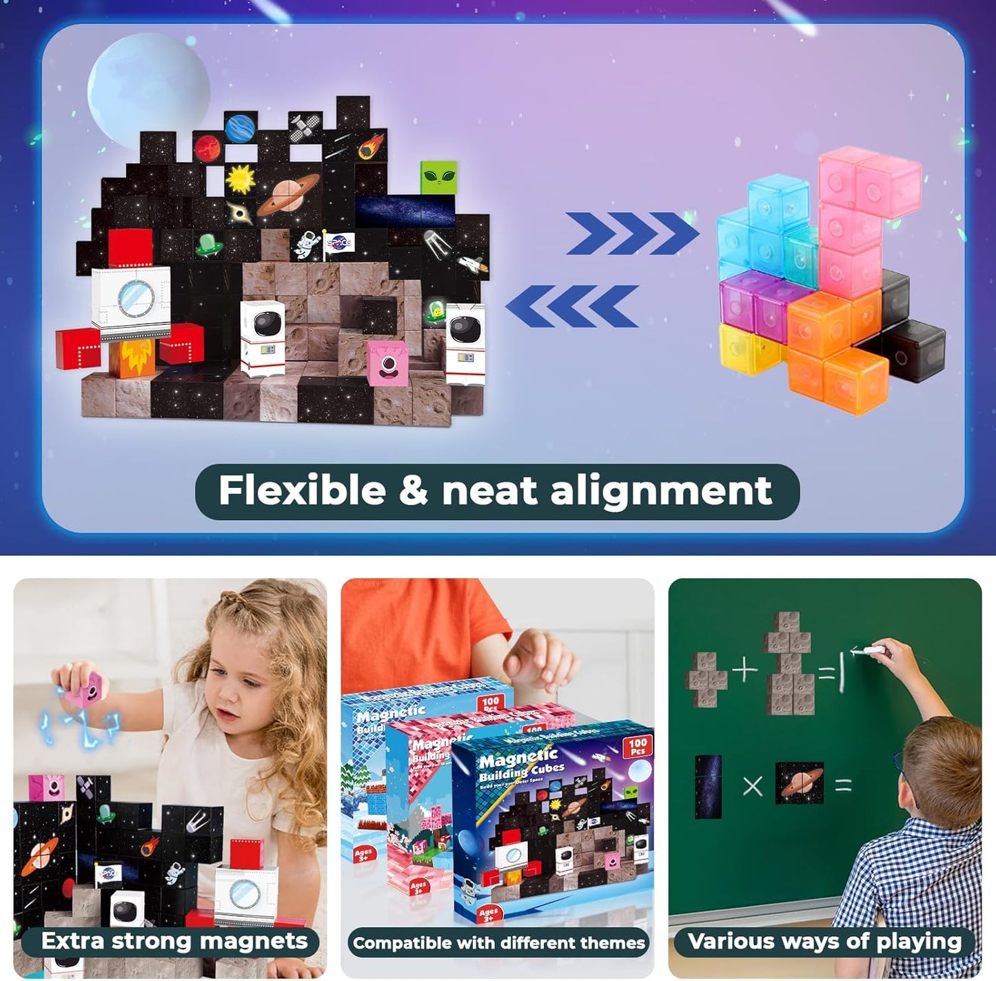 Goody King 100PCS Space Rocket Magnetic Building Blocks |Space Adventure Magnetic Tile Set, STEM Montessori Stacking Toy, Building Playsets for Boys and Girls Ages 3-10,Sensory Tile Christmas