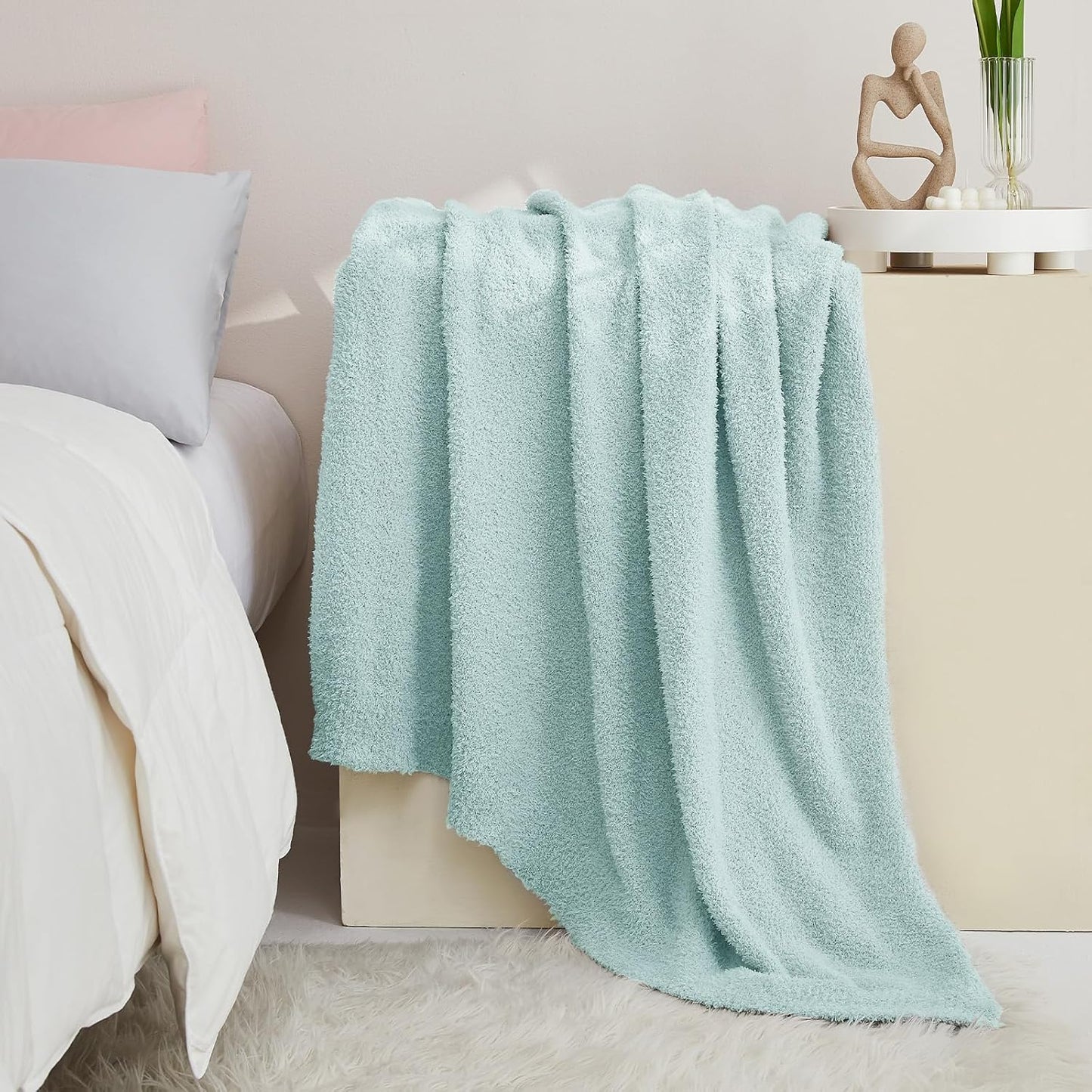CYMULA Knit Throw Blanket for Couch Sky Blue - Super Soft Lightweight Plush Fuzzy Fluffy Cozy Blankets and Throws for Sofa Bed, 50 x 60 inches