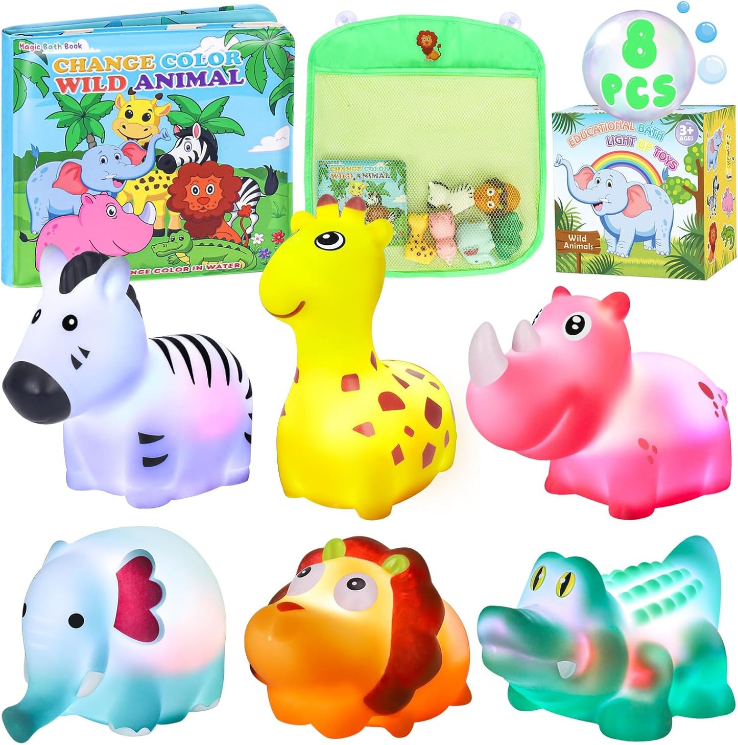 Light Up Bath Toys for Toddlers Kids Baby Boys Girls, No Hole Bath Toys with Bath Book & Organizer, Glow Bath Time Toys for Bathrooms Pool, Animals Bathtub Toys Gift for Toddlers Kids Baby Infants