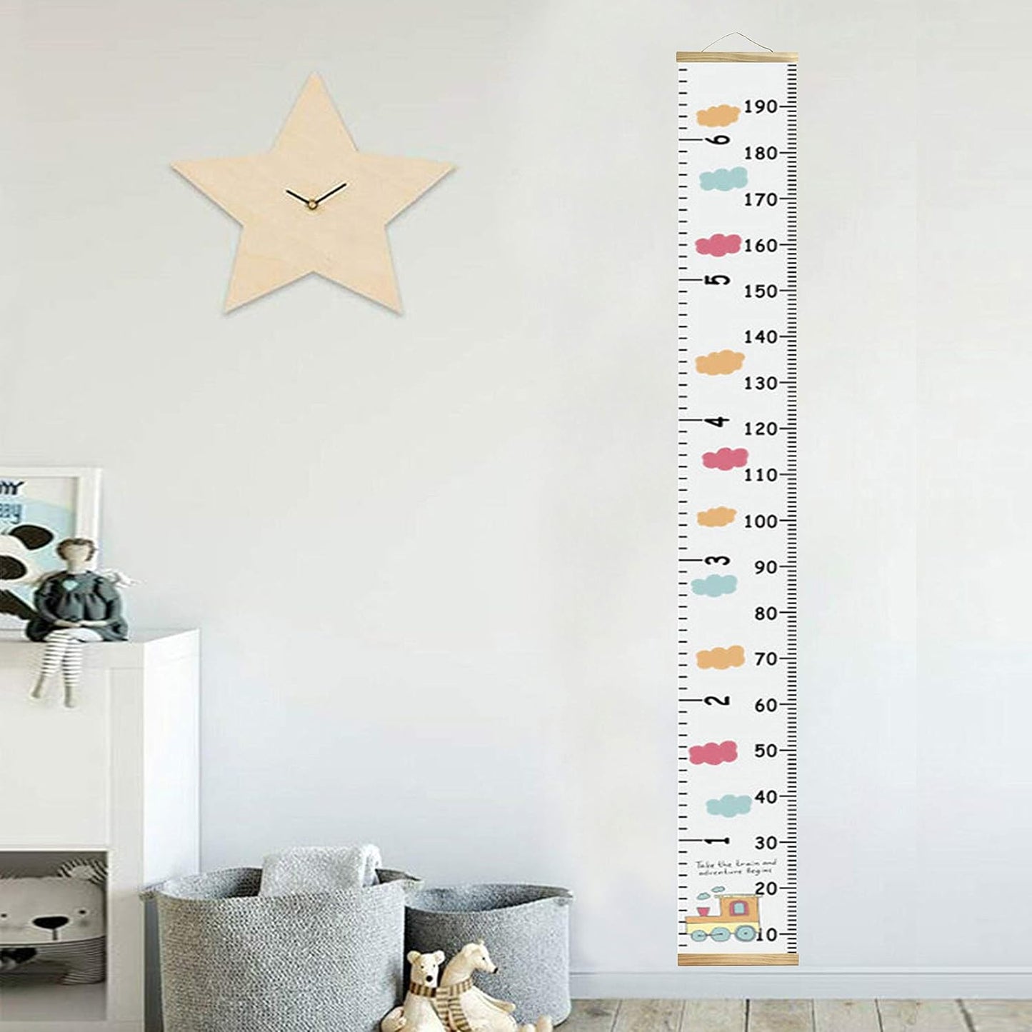 Kids Growth Chart, Wood Frame Fabric Canvas Height Measurement Ruler from Baby to Adult for Child's Room Decoration 7.9 x 79in (7.9 x 79in, Colorful Cloud)