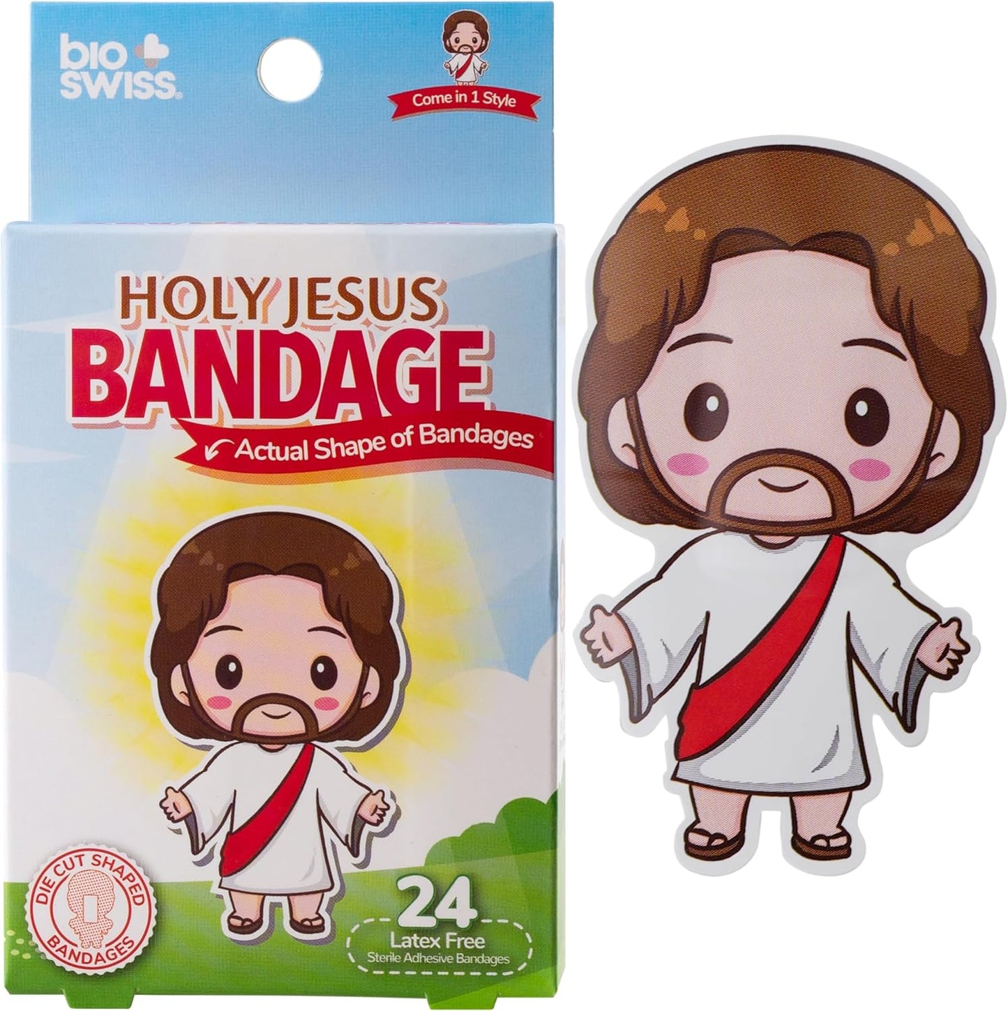 BioSwiss Bandages, Holy Jesus Shaped Self Adhesive Bandage, Latex Free Sterile Wound Care, Fun First Aid Kit Supplies for Kids and Adults, 24 Count