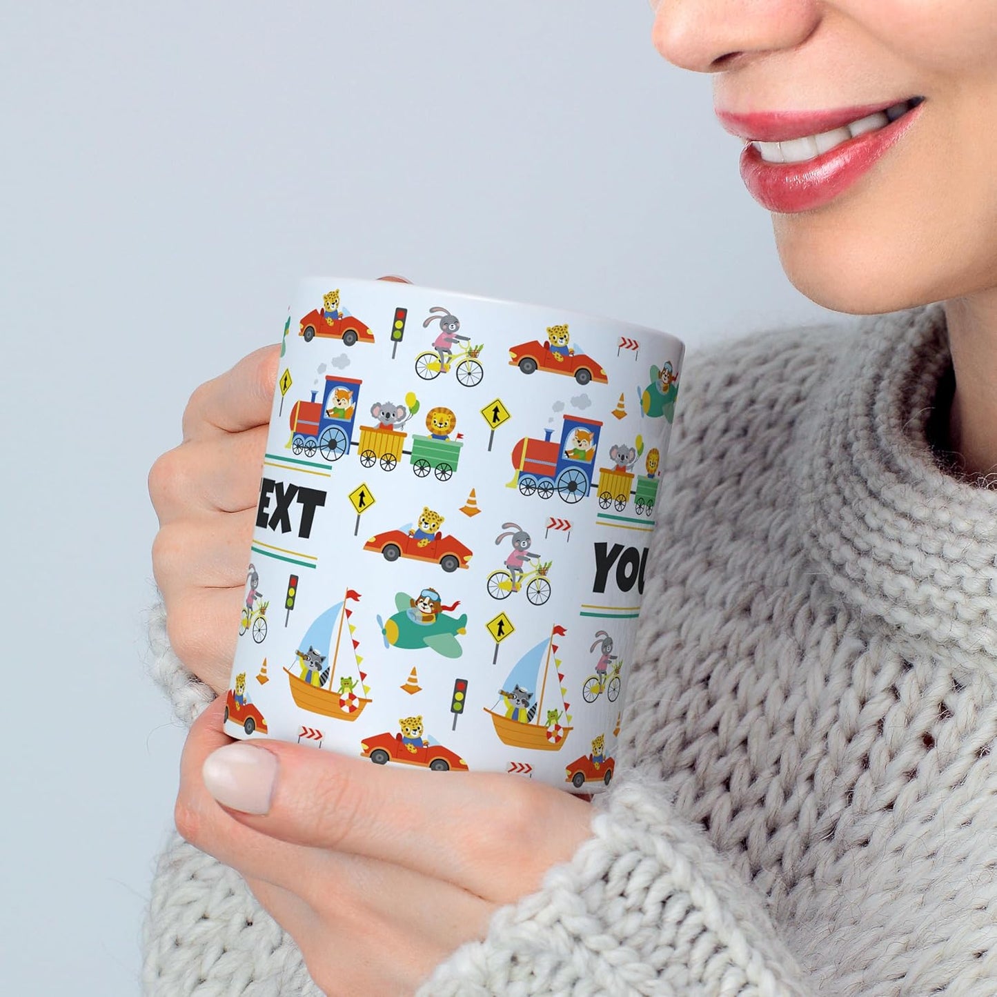 Personalized Mug for Kids - Vehicles - Custom Name/Text, Ceramic Hot Chocolate/Cocoa/Coffee Cup for Boys, Birthday/Christmas/Holiday Gift - 15 oz, Light Blue Handle