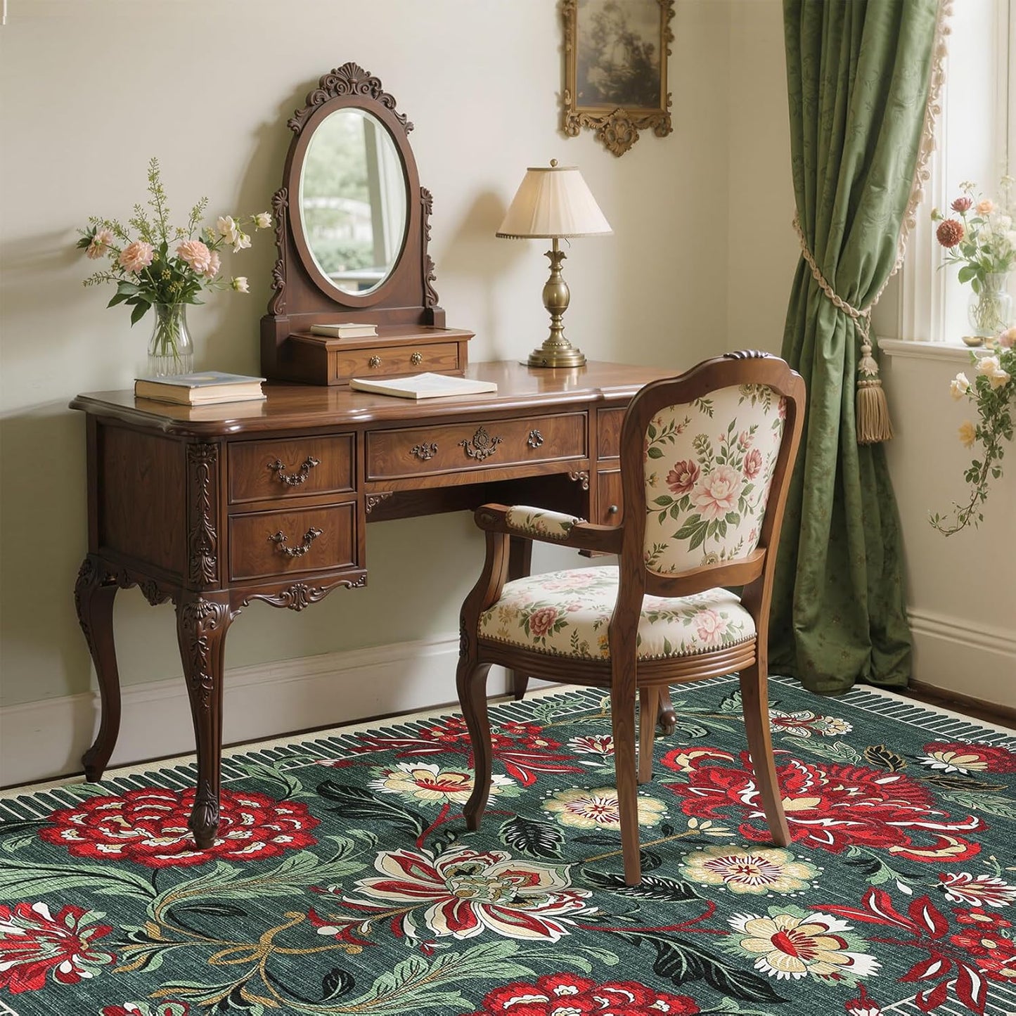 GarveeHome Floral Botanical Washable Rugs 5x7 Area Rug for Living Room, Grey Green Vintage Boho Cottage Throw Rugs Low Pile Carpet for Bedroom Dining Nursery Rug