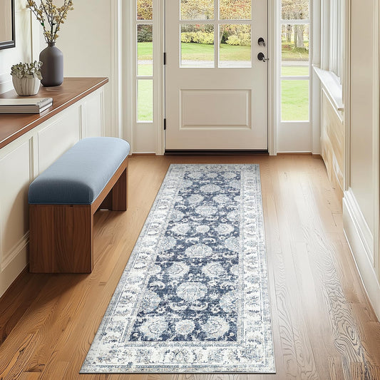jinchan Runner Rug 2x6 Machine Washable Hallway Rug Dark Blue Vintage Floral Print Non-Slip Low Pile Ultra-Thin for Kitchen,Entryway,Laundry Room,Bedroom,Farmhouse (2‘x6’,Dark Blue)