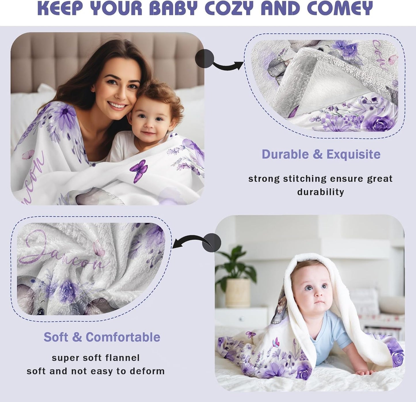 Custom Baby Blanket with Name Personalized Baby Name Blankets for Girls Customized Elephant Blanket for Baby Shower Birthday Christmas Newborn Gifts