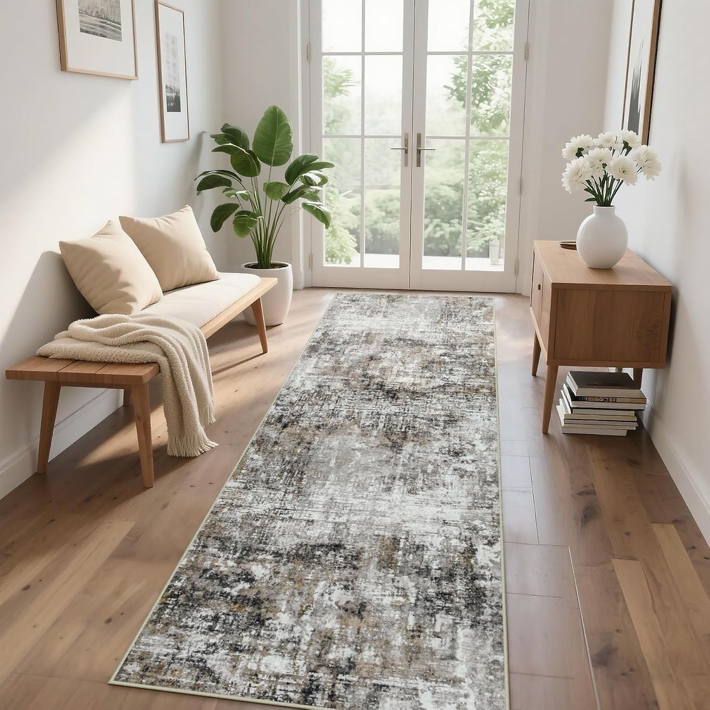 Runner Rug for Hallways Kitchen 2'6"x8' Washable, Non Slip Carpet 8ft Area Rugs Entryway Rubber Backed 8 Feet Neutral Abstract Modern Low Pile Indoor Black Gold