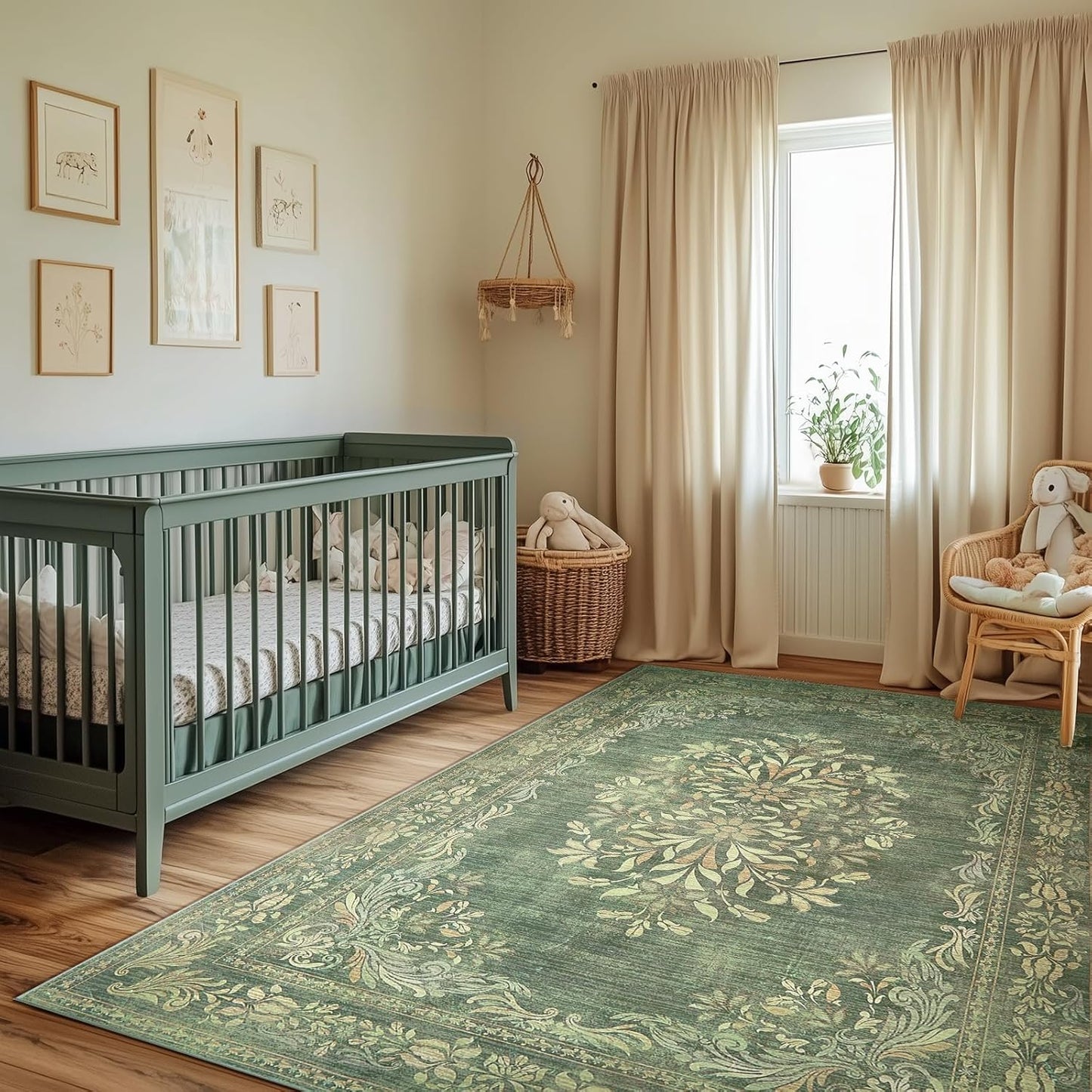 jinchan Floral 6x9 Green Area Rugs for Living Room - Machine Washable Vintage Distressed Design Soft Throw Rug Non-Slip Large Carpet for Bedroom Dining Room Home Office Nursery (6x9ft,Dark Green)