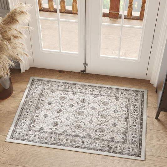 jinchan Floral 2x3 Rugs for Entryway - Machine Washable Beige Vintage Distressed Boho Design Soft Faux Wool Small Non-Slip Doormat for Entrance Kitchen Living Room Bedroom Farmhouse (2‘x3',Beige)