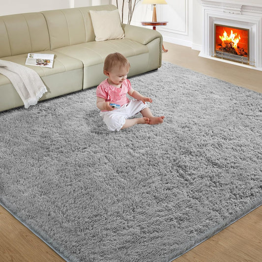 Ultra Soft Rug for Living Room, 9X12 Fluffy Shag Area Rug for Bedroom, Modern Shaggy Carpets Fuzzy Rug for Teens Dorm Nursery Home Decor Aesthetic, Upgrade Anti-Skid Durable, Light Grey