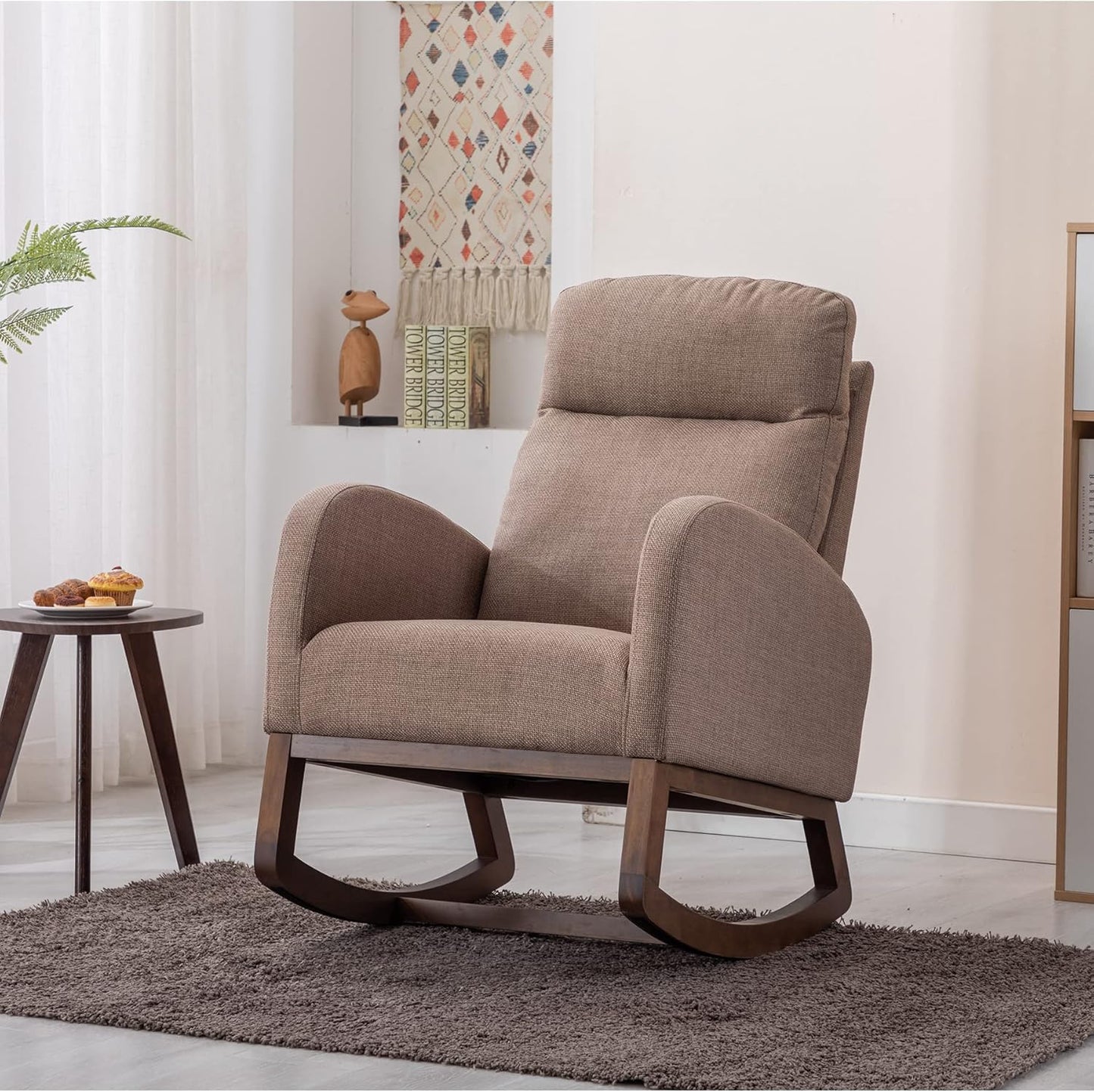 Dolonm Nursery Rocking Chair for Living Room, Upholstered Mid-Century Modern Nursery Rocking Armchair Tall Back Accent Glider Rocker, Camel