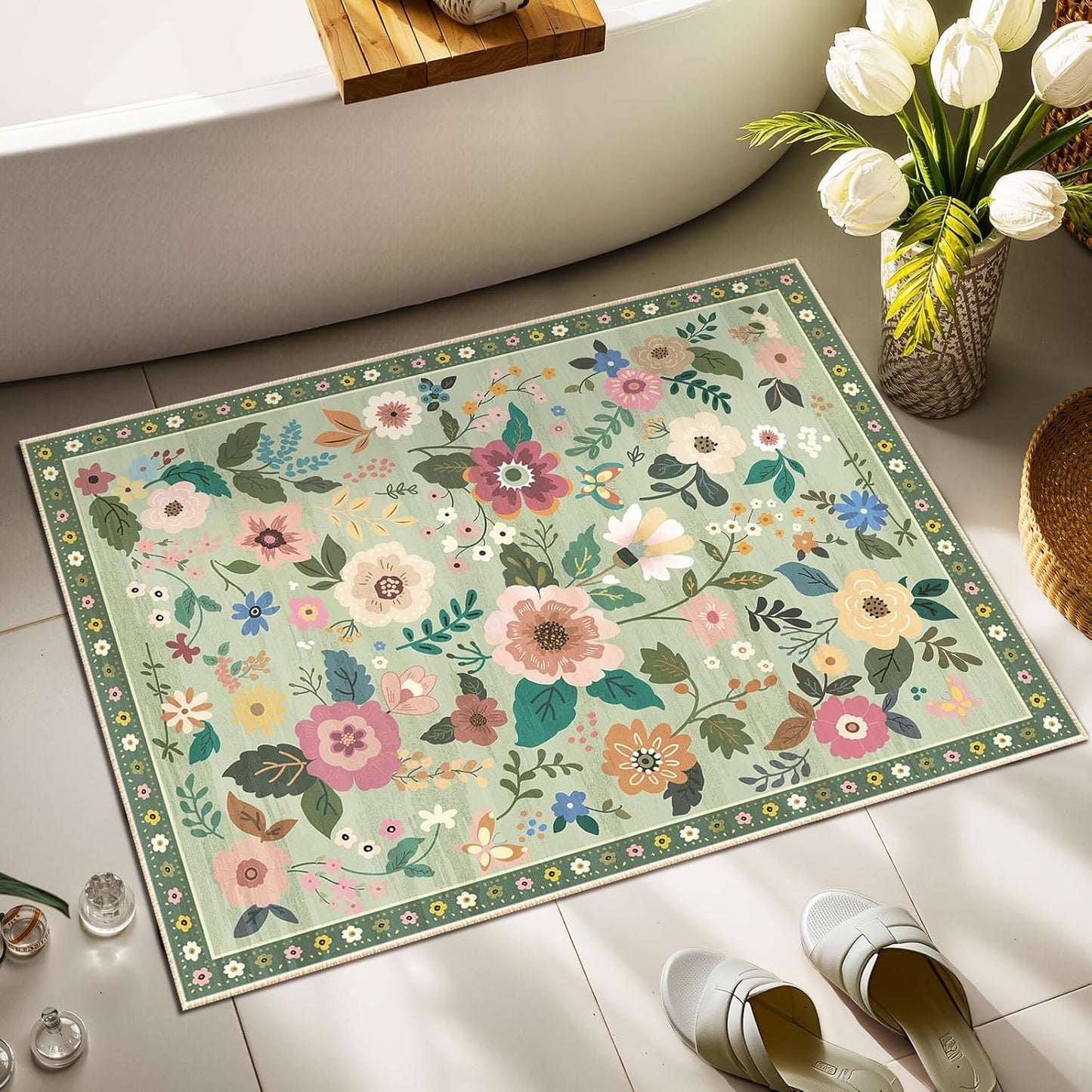 Floral 2x3 Area Rug Machine Washable Soft Print Boho Carpet Non Slip Doormat Low Pile Flower Area Rugs for Living Room Bedroom Nursery Kitchen Dining Room Indoor-Light Green