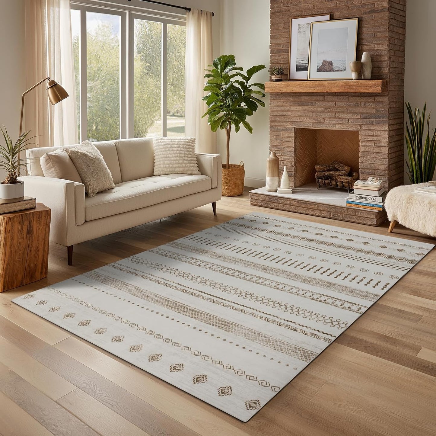 4x6 Washable Area Rug for Living Room, Carpet for Bedroom,Boho Soft Faux Wool Retro Dining Room Rug, Non Slip&Non-Shedding Resistant Low Pile Vintage Print Rug for Home Office (Beige)