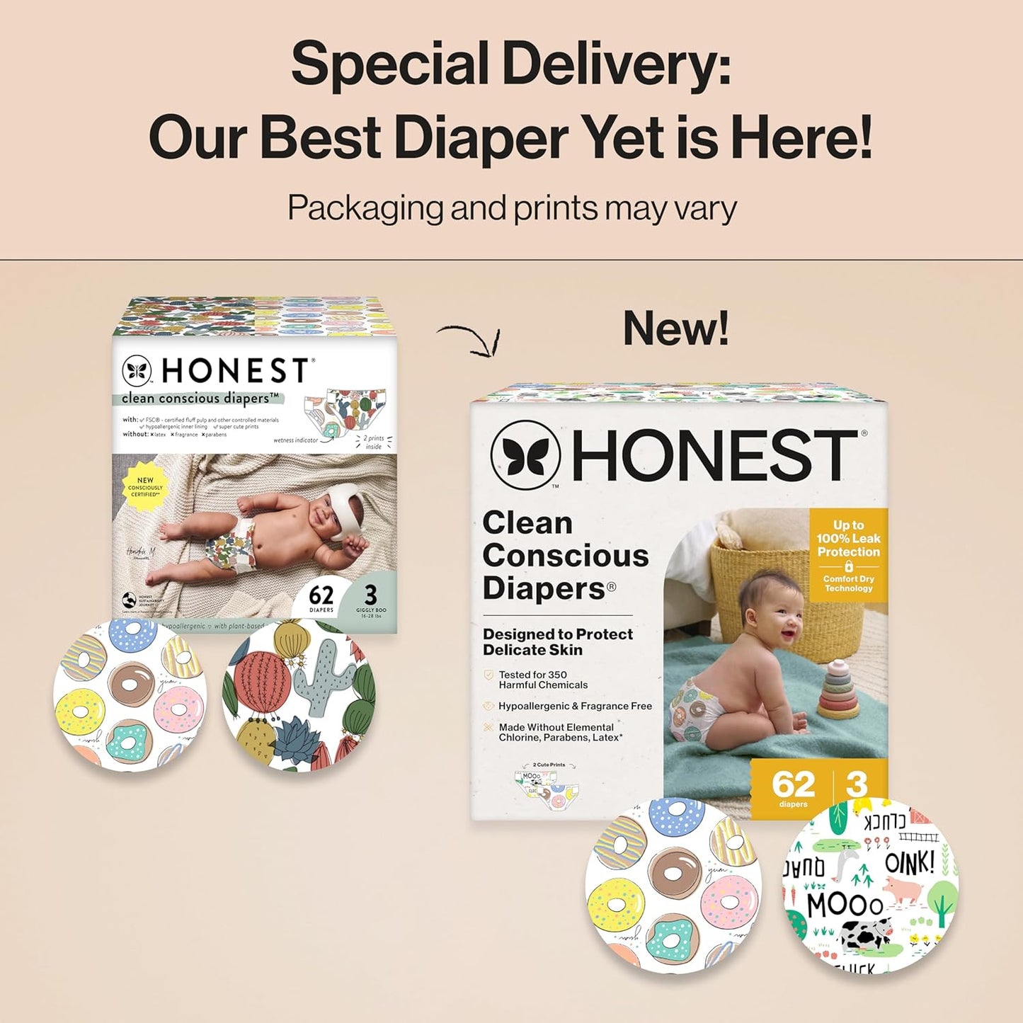 The Honest Company Clean Conscious Diapers for Delicate Skin | Up to 100% Leakproof | Hypoallergenic, Fragrance Free | Gender Neutral | Club Box, Size 3 (16-28 lbs), 62 Count (Prints May Vary)