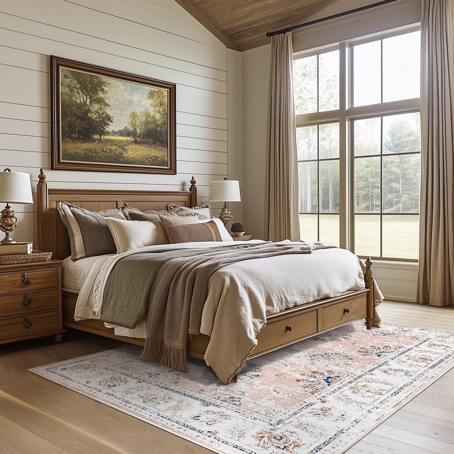 jinchan Vintage Floral 5x7 Area Rugs for Bedroom - Machine Washable Distressed Design Stain Resistant Boho Carpet Ultra-Thin Low Pile Non-Slip for Living Room Dining Room Kitchen (5‘x7',Pink)