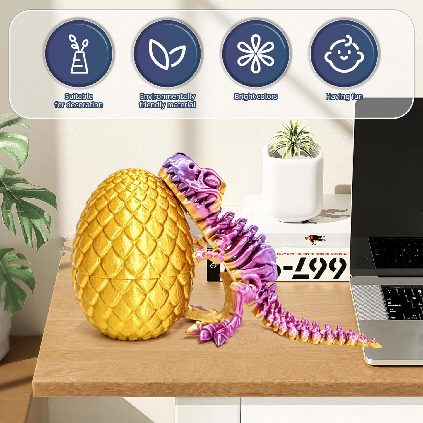 Flavery 3D Printed Dinosaur with Bones - 10 inch 3D Printed Dragon Fidget Toys, Flexible T-Rex Skeleton with Bones, Birthday Gift, Desk Executive Toy- (Rainbow)