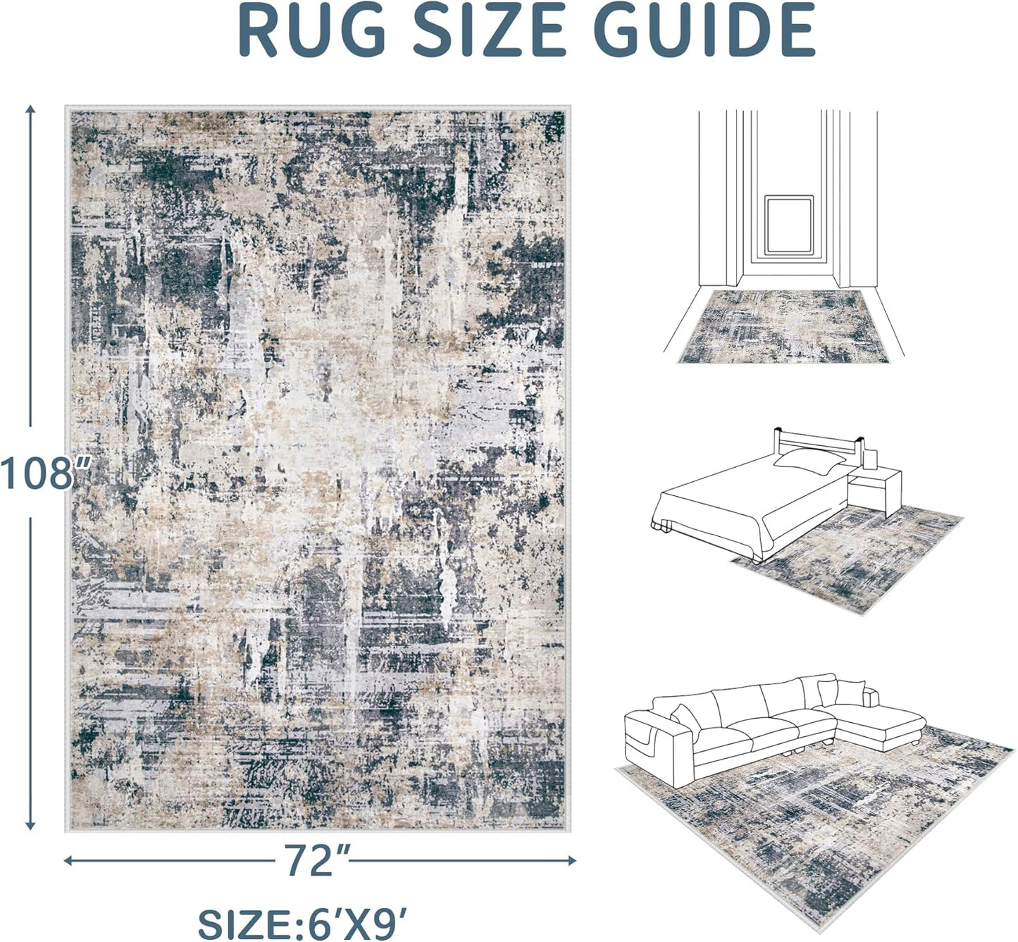 Area Rugs 6x9 Living Room: Washable Rug Modern Abstract Large Rugs Soft Non Slip Neutral Rug Stain Resistant Indoor Carpet for Bedroom Kitchen Dining Room Nursery Home Office Rugs(Black Brown,6'x9')