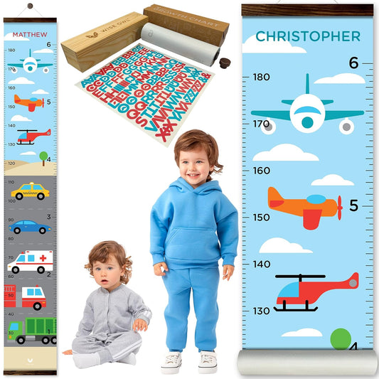 WISE OWL Personalized Growth Chart for Kids - Height Wall Chart for Boys with Peel & Stick Letters for Name - Hanging Canvas Wall Measurement Height Tracker for Baby Gift (Vehicles)