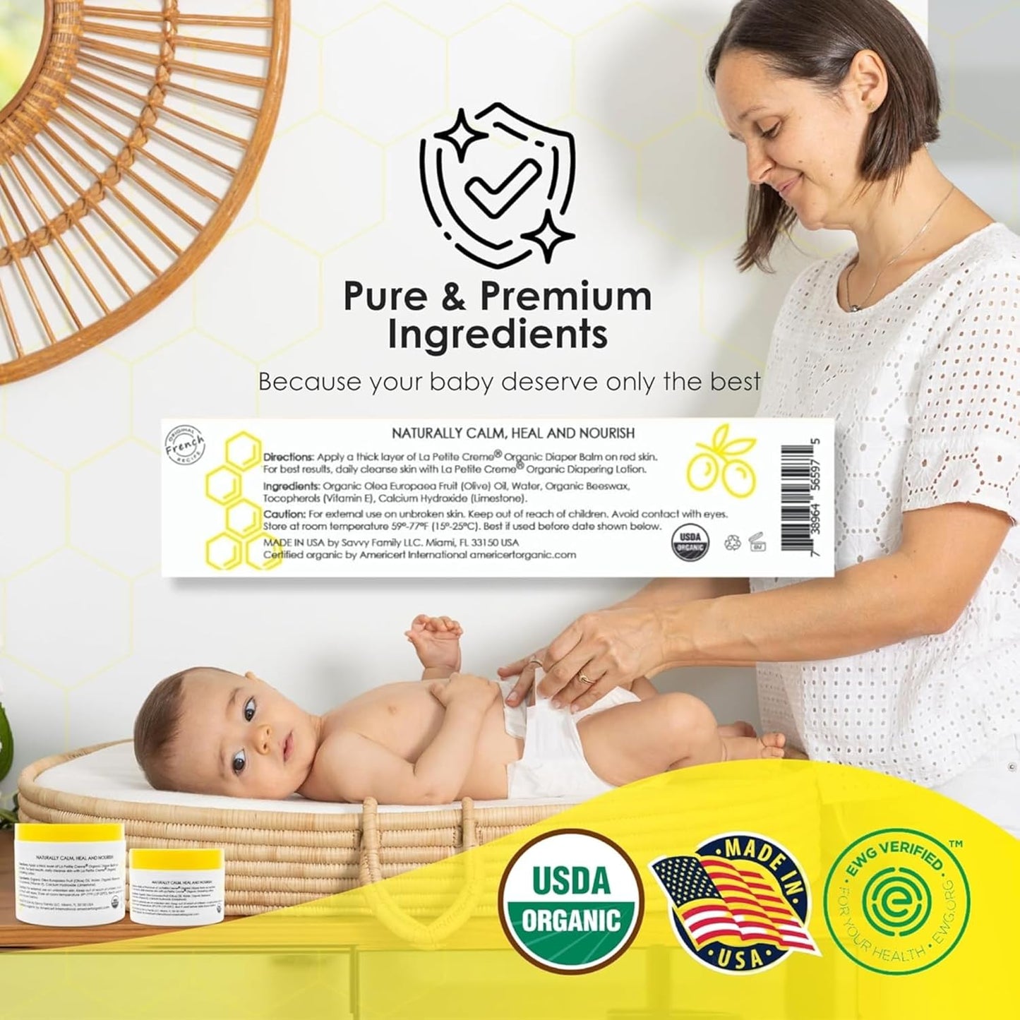 La Petite Creme French Organic Diaper Balm (4 oz) - Healing & Nourishing Diaper Cream - Gentle & Safe Liniment Baby Lotion - USDA Certified Organic - Baby Essentials for Newborn