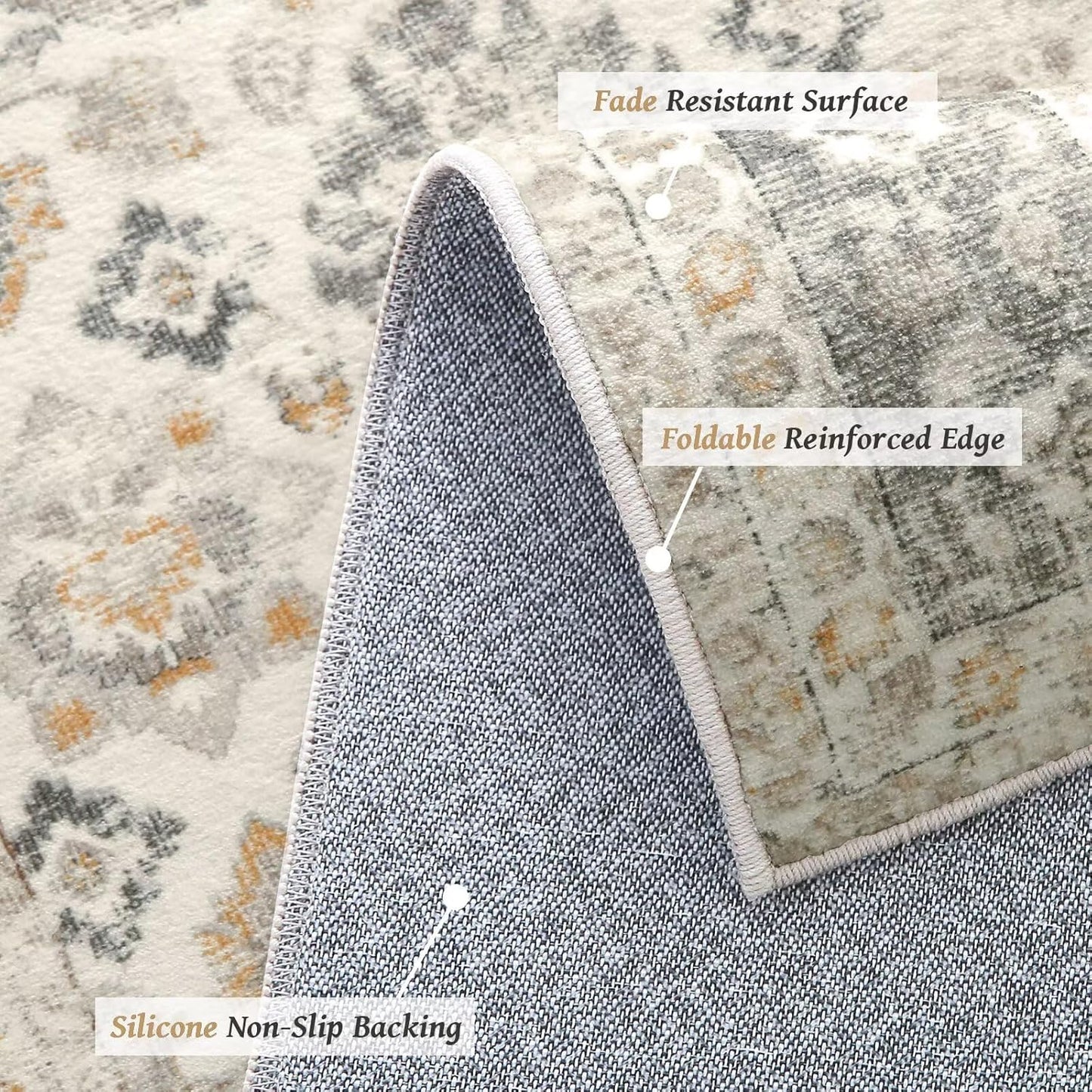 Washable 6x9 Area Rugs for Living Room, Boho Non-Slip Silicone Backing Large Rugs for Bedroom Dining Room Nursery Office, 0.3" Neutral Oriental Throw Carpet with 0.16" Cushioning Pad, Grey/Multi