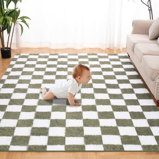 Super Soft Rug for Bedroom, 5x8 Ft Green and White Area Rug Classic Checkered Shaggy Anti-Skid High Pile Soft Fluffy Rug Fuzzy Carpet for Living Room Bedroom Kids Room Nursery, Dorm Home Decor