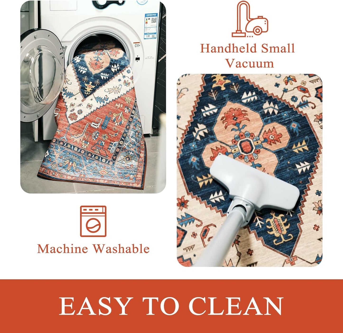 Lahome Boho Washable 5Ft Round Area Rug, Non-Slip Throw Untra-Thin Round Carpet, Oriental Vintage Distressed Circle Rug for Dining Living Room Bedroom Kitchen Office, 5x5/Rust