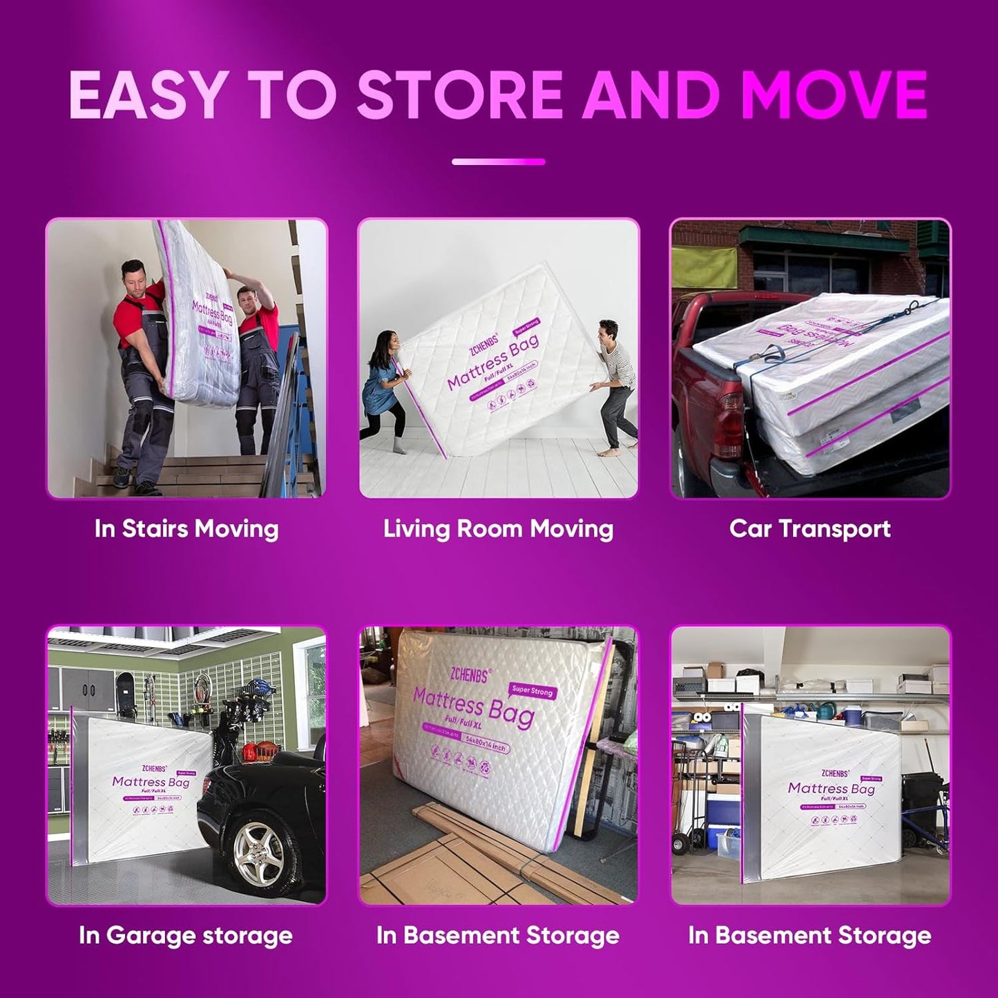 ZCHENBS® – Mattress Bags for Moving and Storage,Mattress Bag with Zippers,5 Mil Ultra-Thick Bed Bag,Waterproof,Anti-Tear,Heavy-Duty Mattress bag (Tansparent/Purple, Full/Full XL-(2 Pack))