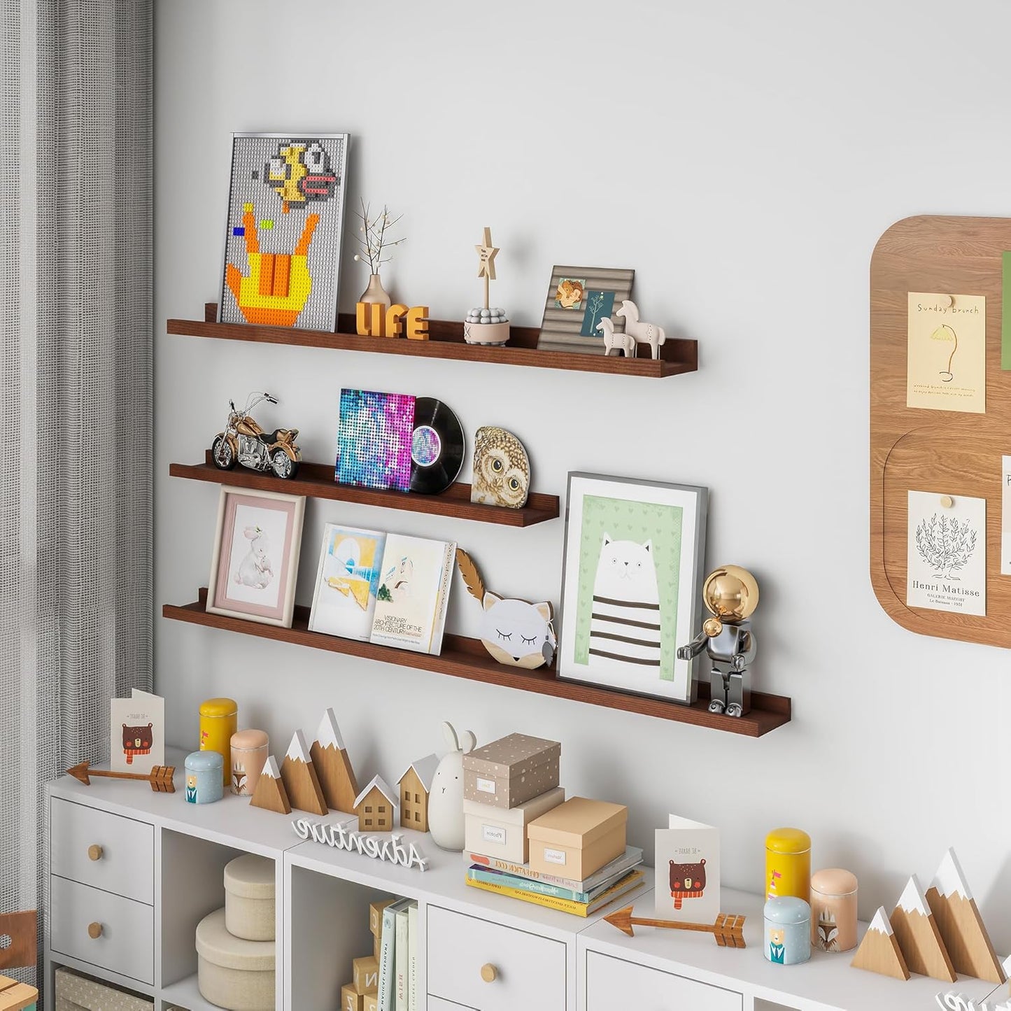 Solid Ash Wood Picture Ledge Shelf, 24 Inch Floating Shelves with Lip Set of 2, Photo Ledge Shelf Nursery Bookshelf Wall Mounted for Living Room Bedroom Decor, Walnut