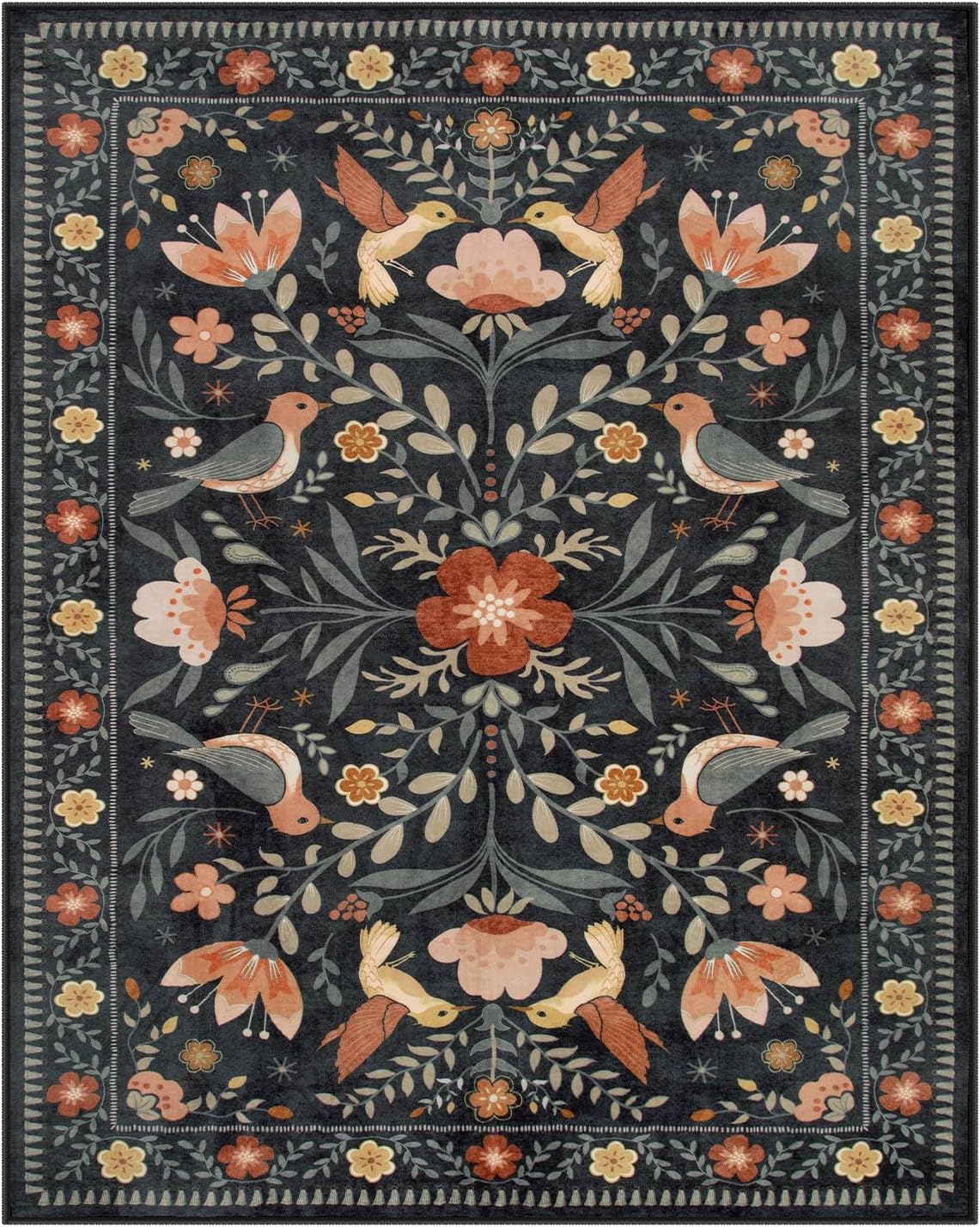 Moynesa Boho Birds 8x10 Area Rugs for Living Room, Black Floral Bedroom Rug Washable Low-Pile Playroom Rug, Vintage Soft Jungle Pattern Indoor Floor Carpet for Nursery Dining Room
