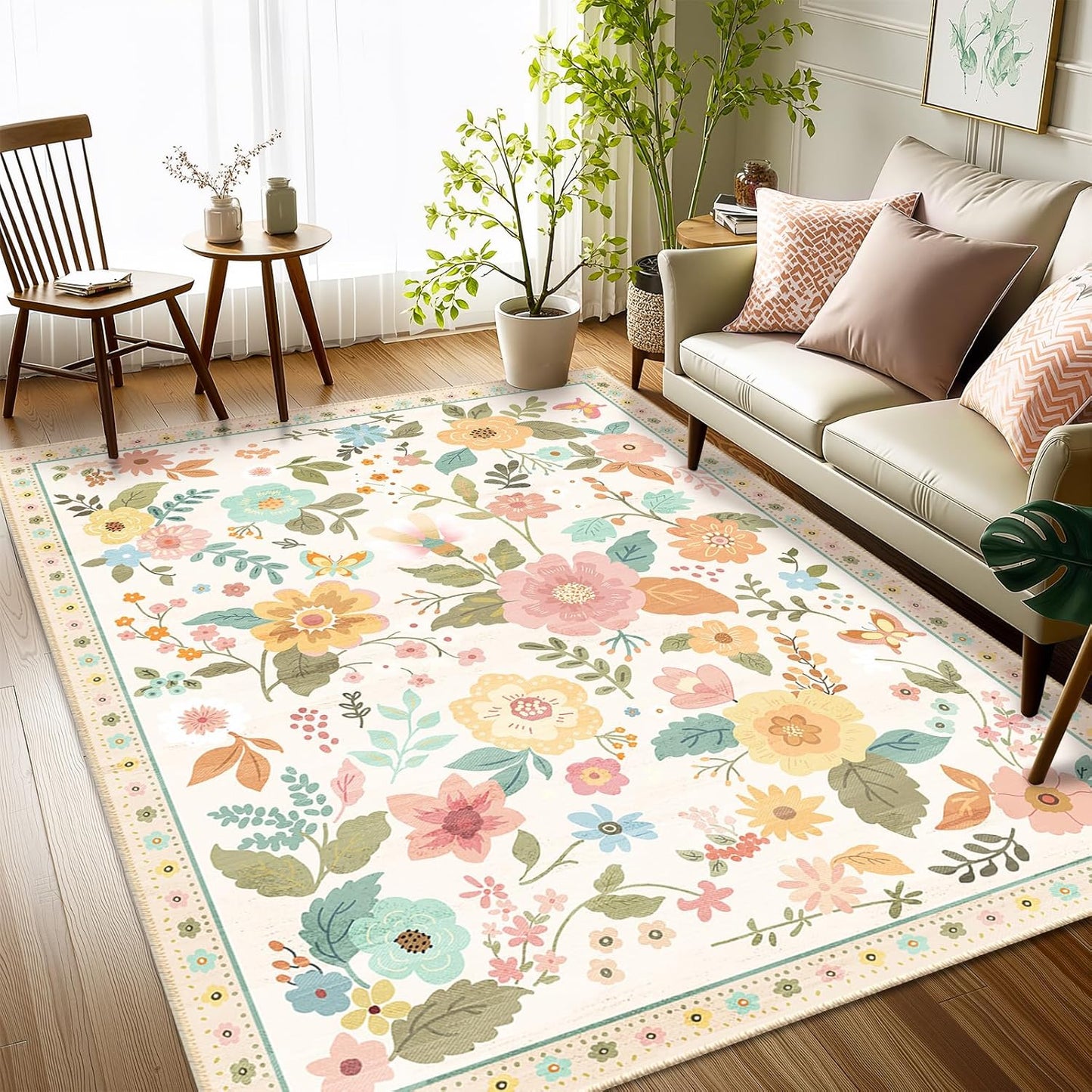 Floral 3x5 Area Rug Machine Washable Soft Print Boho Carpet Non Slip Doormat Low Pile Flower Area Rugs for Living Room Bedroom Nursery Kitchen Dining Room Indoor-Beige/White/Orange