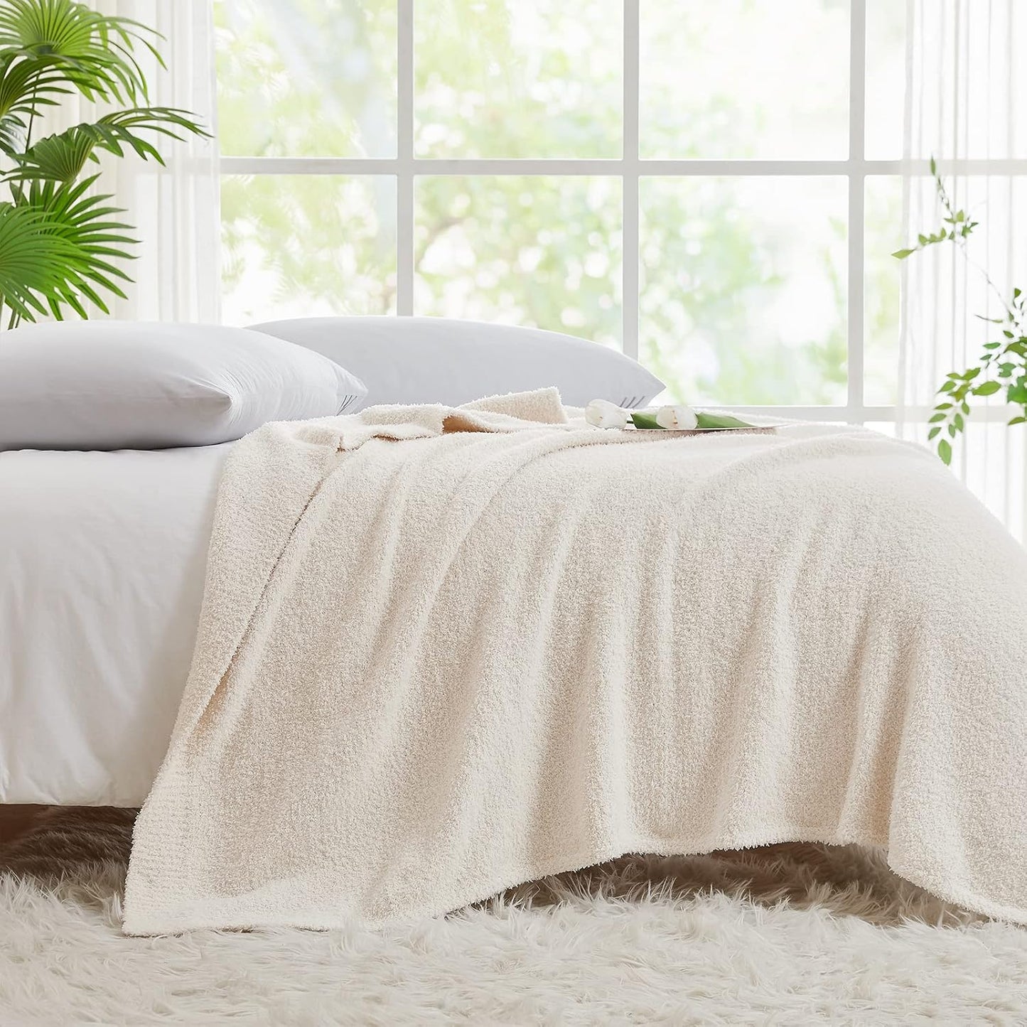 CYMULA Knit Throw Blanket for Couch Cream White - Super Soft Lightweight Plush Fuzzy Fluffy Cozy Blankets and Throws for Sofa Bed, 50 x 60 inches