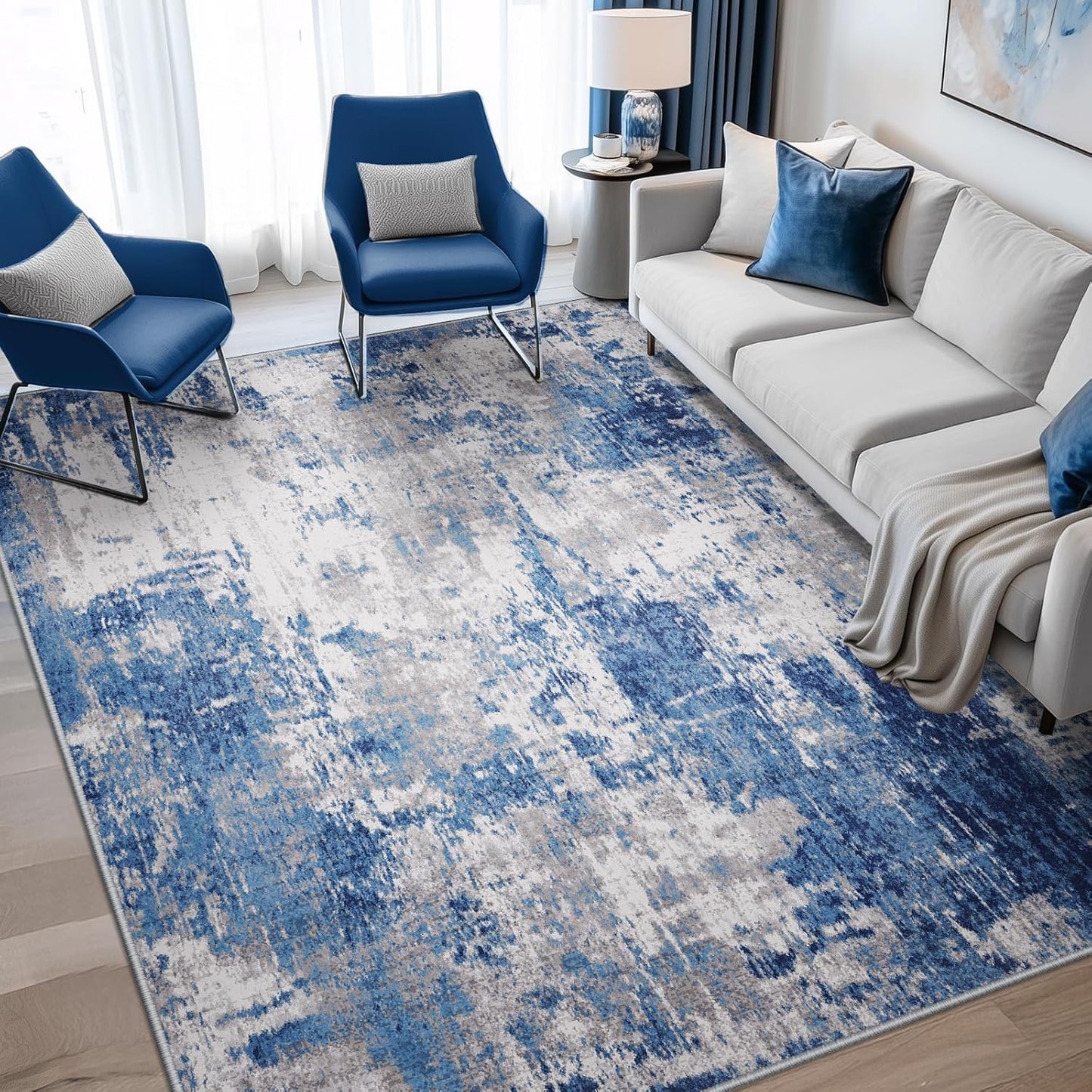 Washable Area Rugs 7'x9' Non-Slip Modern Abstract Soft for Living Room Entryway Bedroom Nursery, Print Pattern, Blue Grey Navy Gray