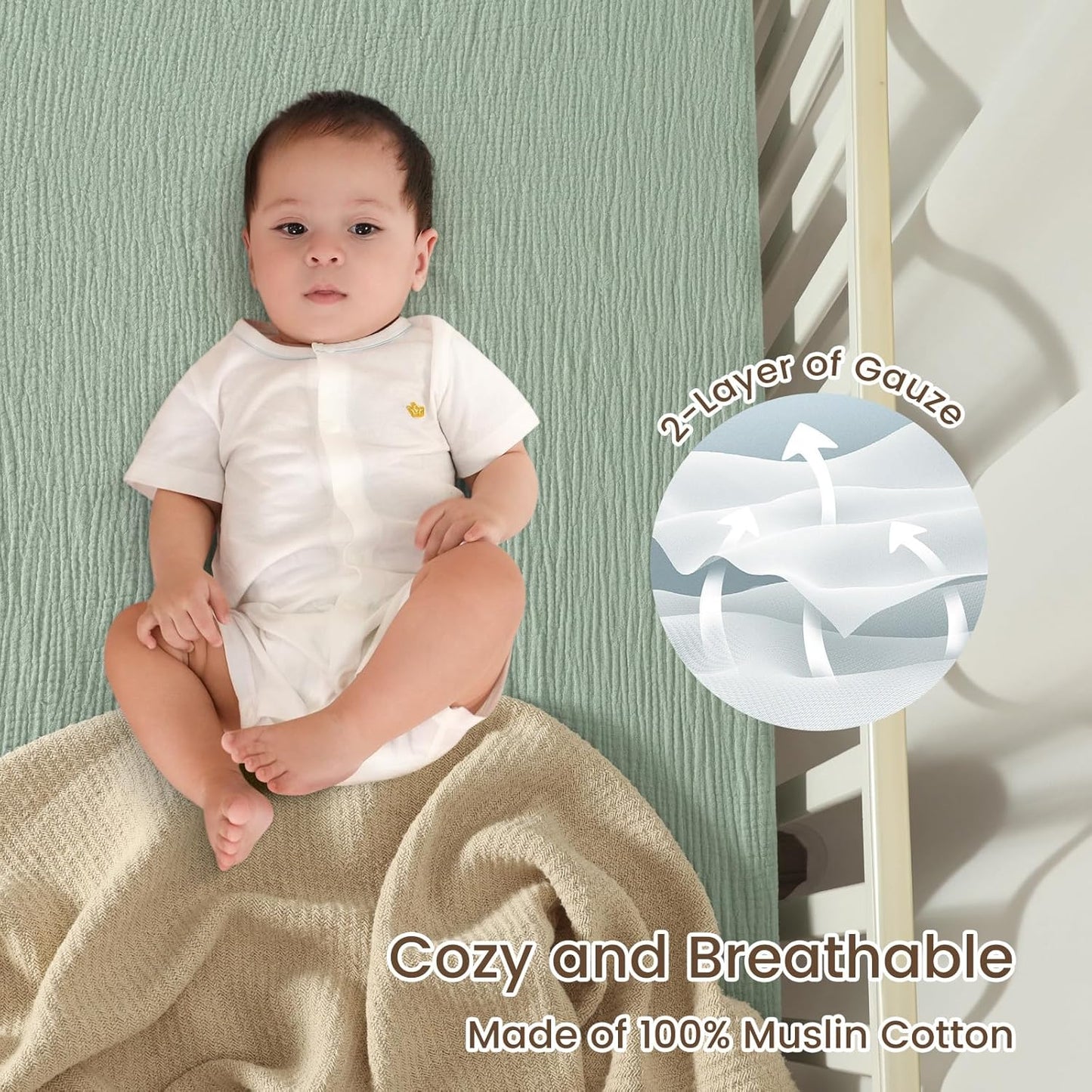 david's kids Muslin Mini Crib Sheets, 2 Pack Cotton Pack N Play Sheets for Boys Girls Neutral, Soft Breathable Baby Sheets Fit Pack N Play, Playard and Mini Crib Mattresses, Light Gray & Sage Green