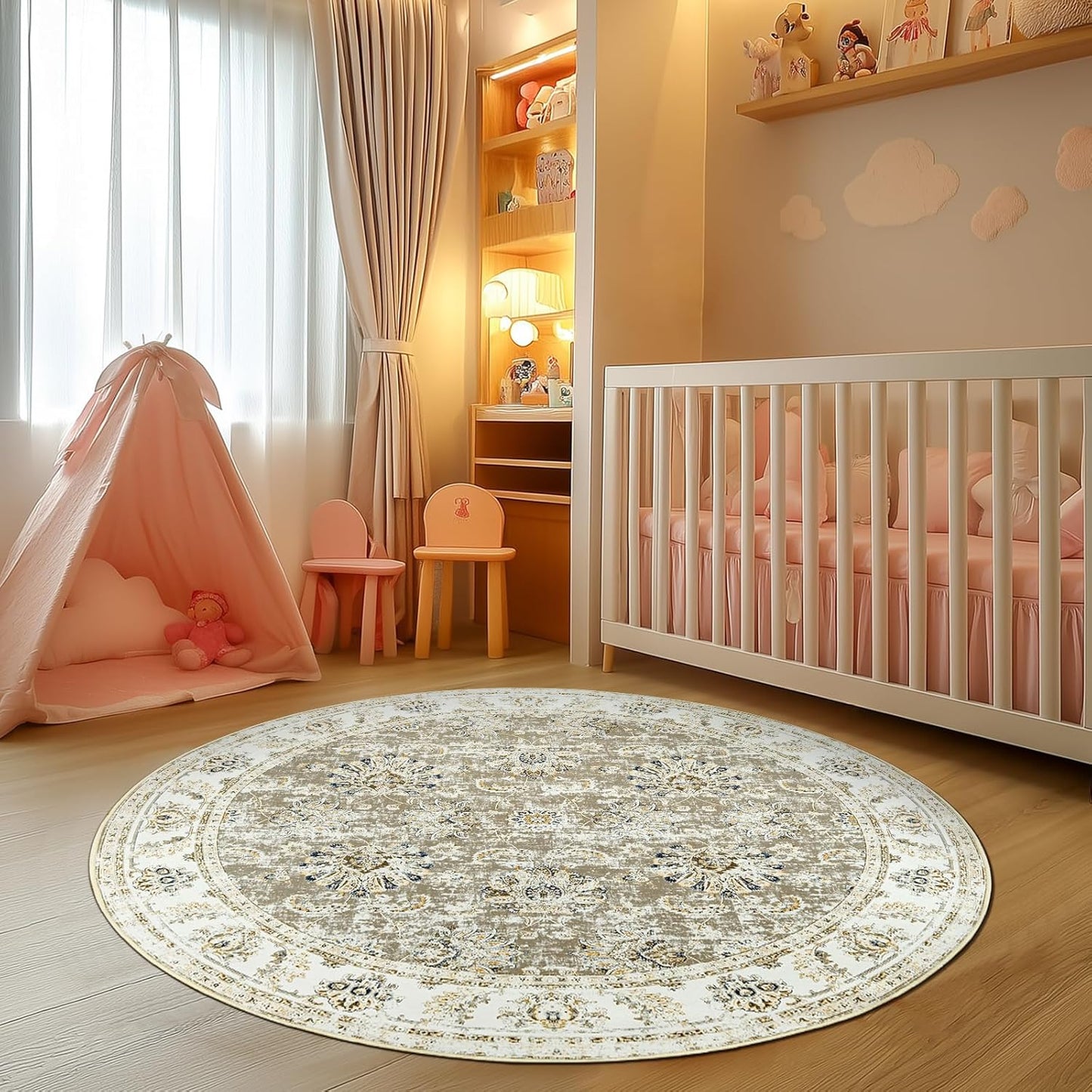 jinchan Round Rug 6ft Area Rugs Vintage Floral Distressed Design - Machine Washable Non-Slip Low-Pile Ultra-Thin Circle Rug for Entryway Bedside Living Room Dining Room Bedroom (6' Round,Taupe)