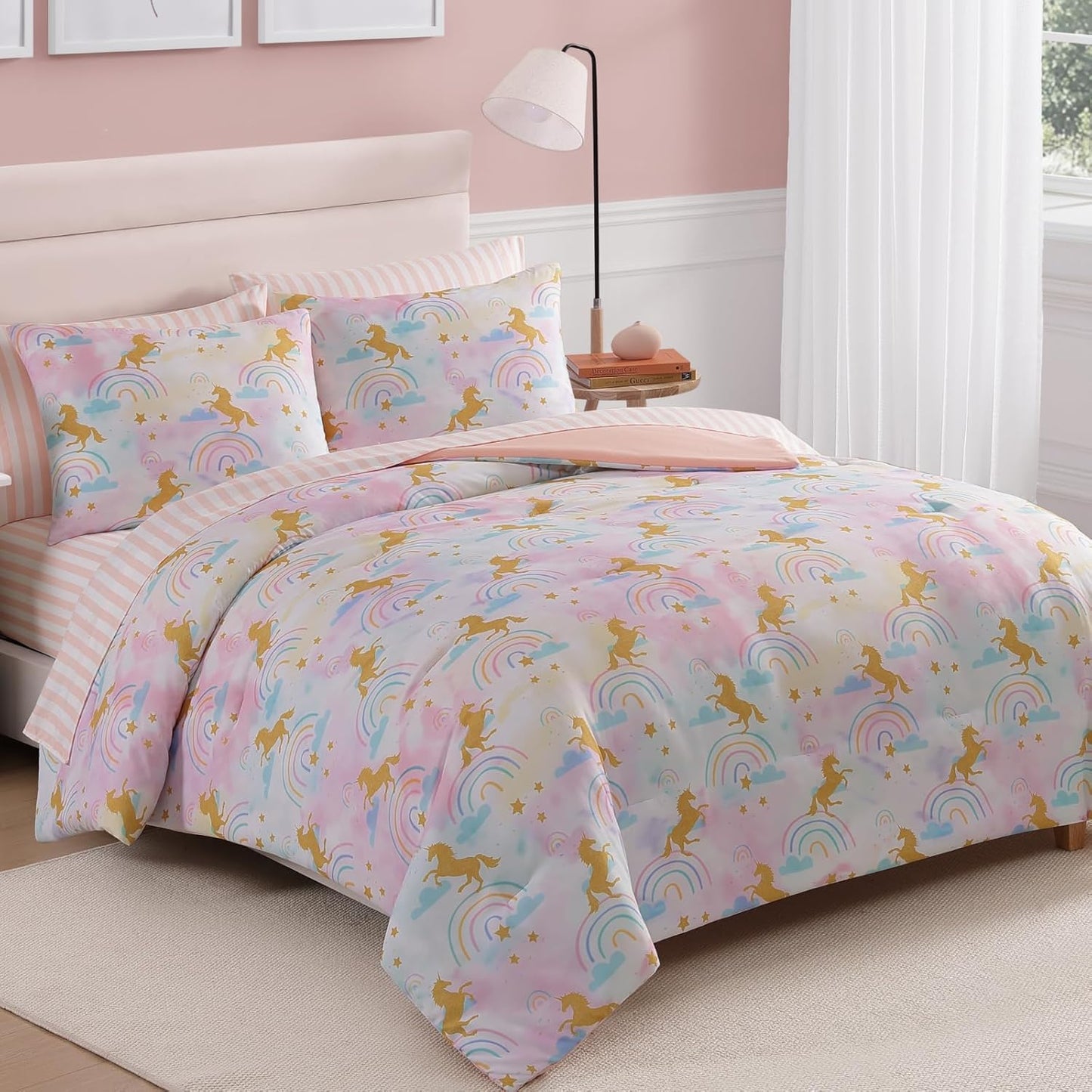 Queen Comforter Set with Sheets for Girls-7 Pieces Queen Bedding Sets with Pink Comforter, Sheets, Pillowcases & Shams for Kids (Gold Unicorn, 90" X 90")
