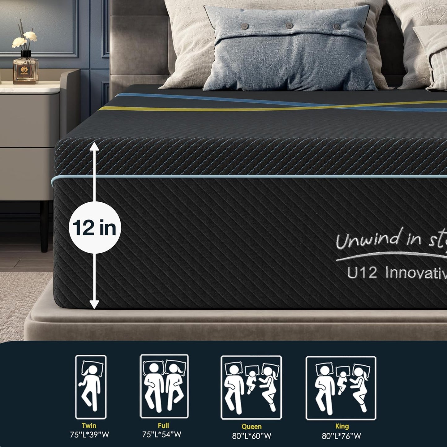 12 inch Twin Mattress Multi-Layer Memory Foam Mattress - Medium Firmness with Bamboo Charcoal & Green Tea Infusion