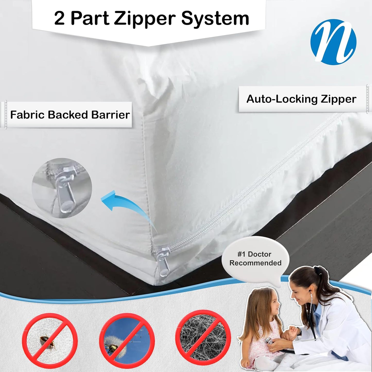 National Allergy Superior 100% Cotton Queen Mattress Protector Zippered - 60" x 80" x 15" - Hypoallergenic Bed Encasement - Breathable Dust Proof Cover - AAFA & Oeko-TEX Standard 100 Certified