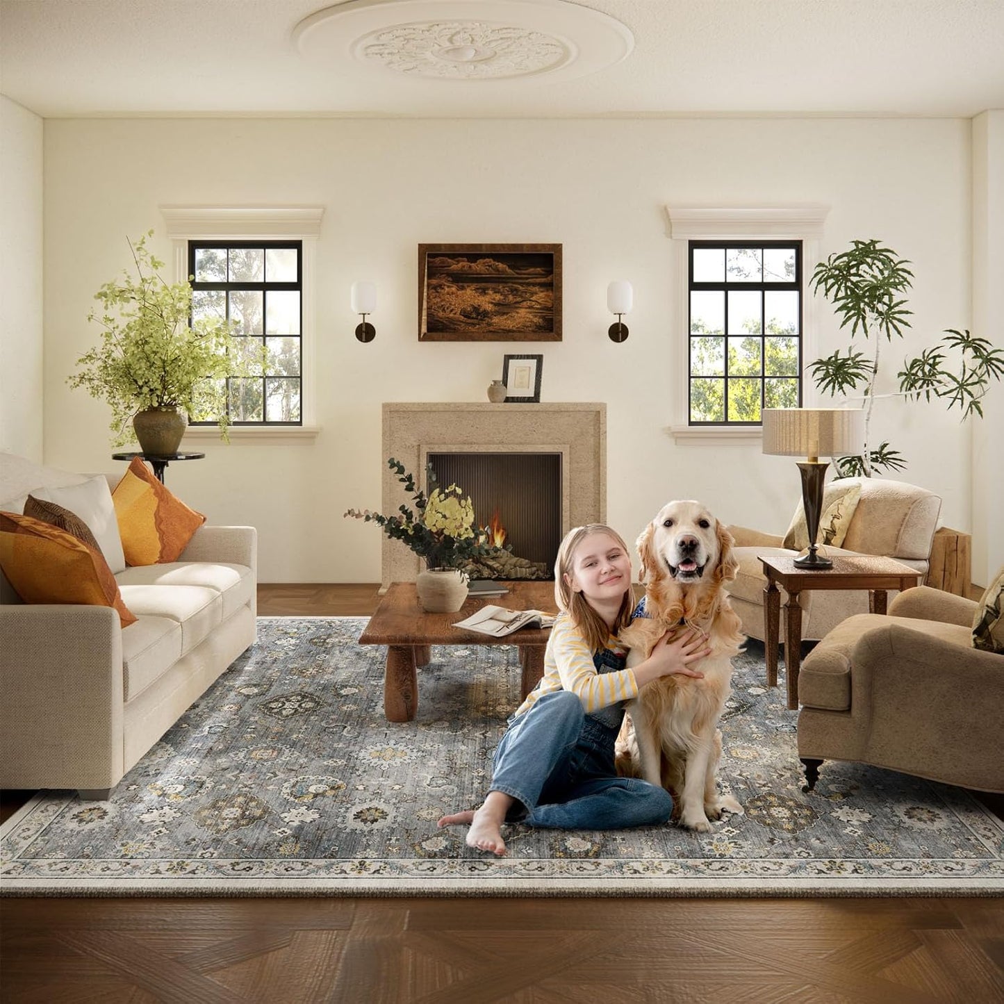 Machine Washable Rug for Living room: 8x10 Area Rugs Boho Vintage Rugs Stain Resistant Non Slip Low Pile Lightweight Soft Carpet for Bedroom Kitchen Dining Room Nursery Kids Room Farmhouse Home Office