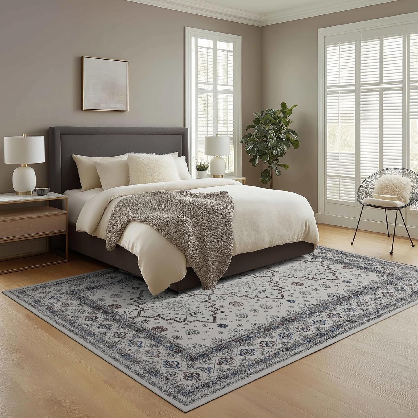 Washable 6x9 Area Rug for Living Room, Carpet for Bedroom Dining Room, Non Slip&Non-Shedding Resistant Low Pile Vintage Print Rug for Home Office (White Cream/Gray)