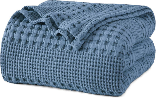 PHF 100% Cotton Waffle Weave Blanket Twin Size, Soft Lightweight Breathable Cozy Summer Blankets for Bed, Luxury Aesthetic Woven Bedding for Home Decor, 66"x90", Captain's Blue