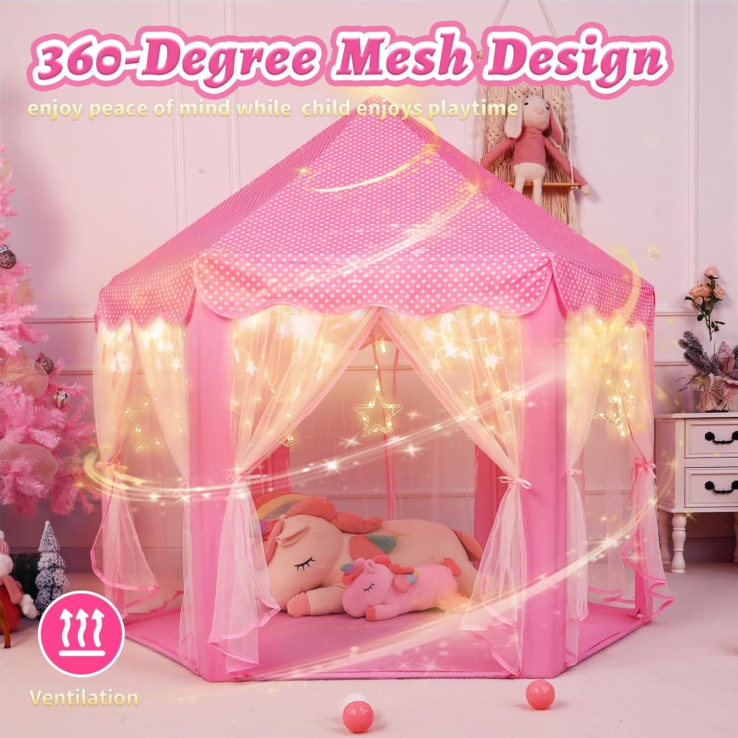 Monobeach Princess Castle Play Tent for Girls - Large 55'' x 53'' Playhouse with Star Lights for Indoor and Outdoor Play