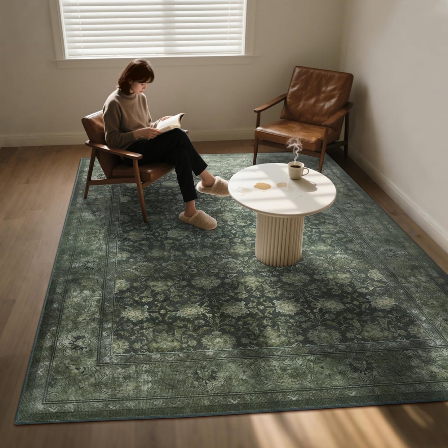 Large 8x10 Washable Area Rug for Living Room, Non Slip Vintage Traditional Rugs for Bedroom, Indoor Thin Accent Floral Nursery Carpet for Dining Room, Farmhouse (Distressed Green)