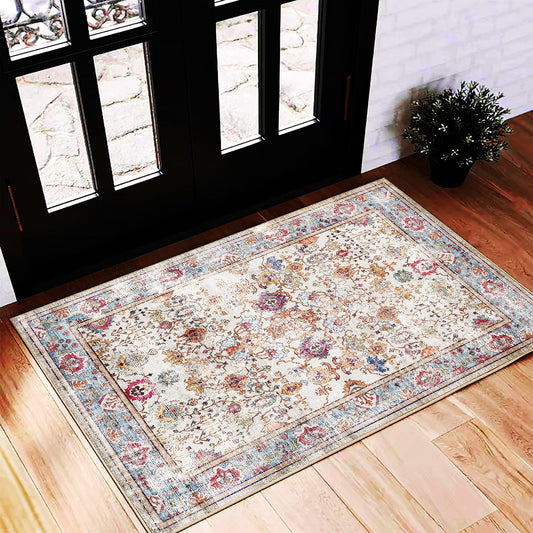 Area Rug 2'x3' Washable Rug Door Mat Vintage Distressed Doormat Indoor Entrance Traditional Thin Floral Print Non Slip Carpet for Kitchen Bathroom Bedroom Living Room