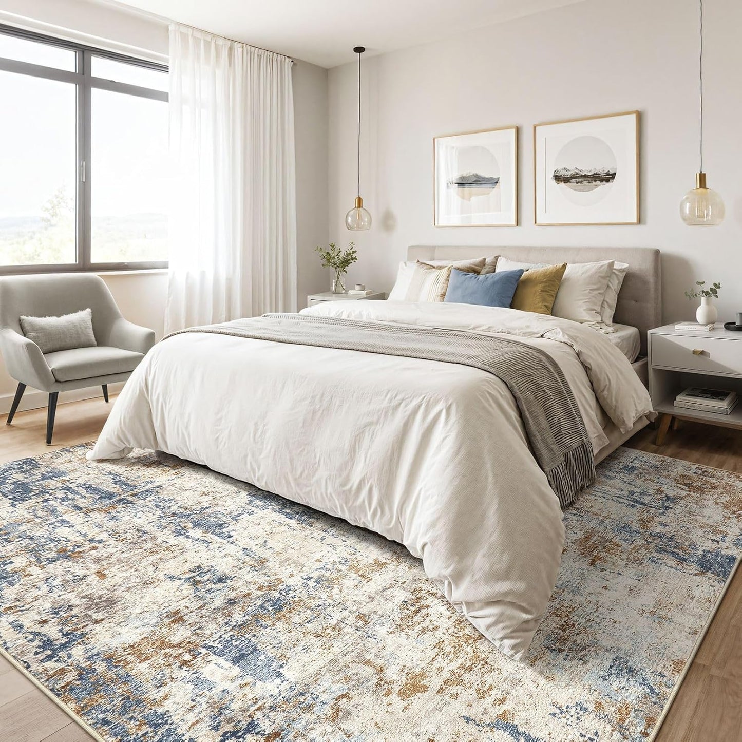 5x7 Area Rugs Living Room: Machine Washable Large Abstract Modern Soft Rug Stain Resistant Indoor Floor Non Slip Accent Carpet for Bedroom Nursery Playroom Dining Room Office Dorm Home House- Tan