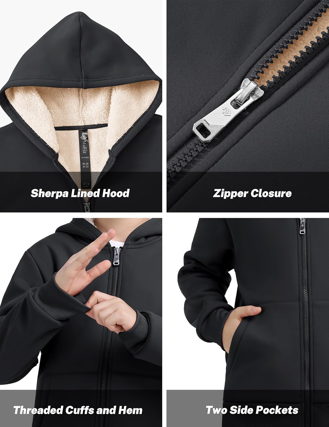 MoFiz Kids Fleece Jackets Sherpa Lined Hoodie Jacket Hooded Zip up Sweatshirt Coats for Boys Girls Winter Casual Outerwear