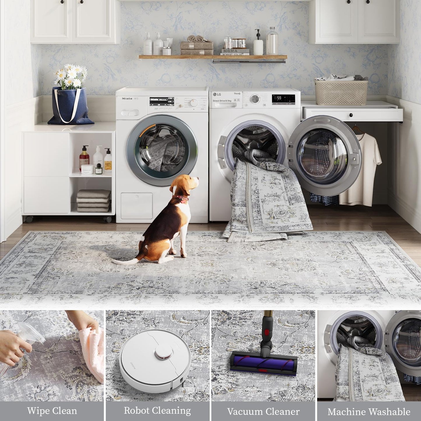 jinchan Vintage Floral 5x7 Area Rugs for Bedroom - Machine Washable Distressed Design Stain Resistant Boho Carpet Ultra-Thin Low Pile Non-Slip Rug for Living Room Dining Room Kitchen (5‘x7',Grey)