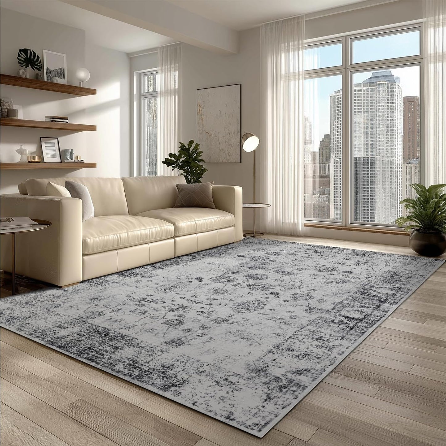 Washable 6x9 Area Rug for Living Room, Carpet for Bedroom Dining Room, Non Slip&Non-Shedding Resistant Low Pile Vintage Print Rug for Home Office ((White/Grey)