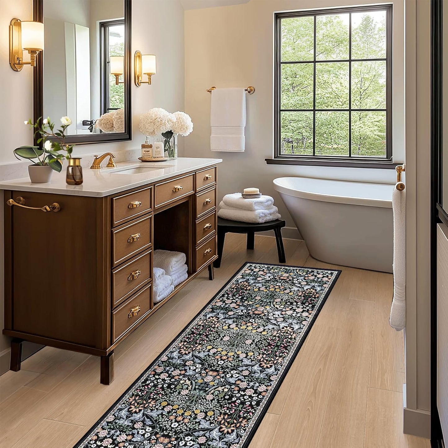 Runner Rug for Entryway: 2x10 Kitchen Rugs Non Slip Washable Ultra Soft Floral Carpet Indoor Stain Resistant Carpets for Hallway Bedroom Kitchen Laundry Bathroom Dorm Dark Black